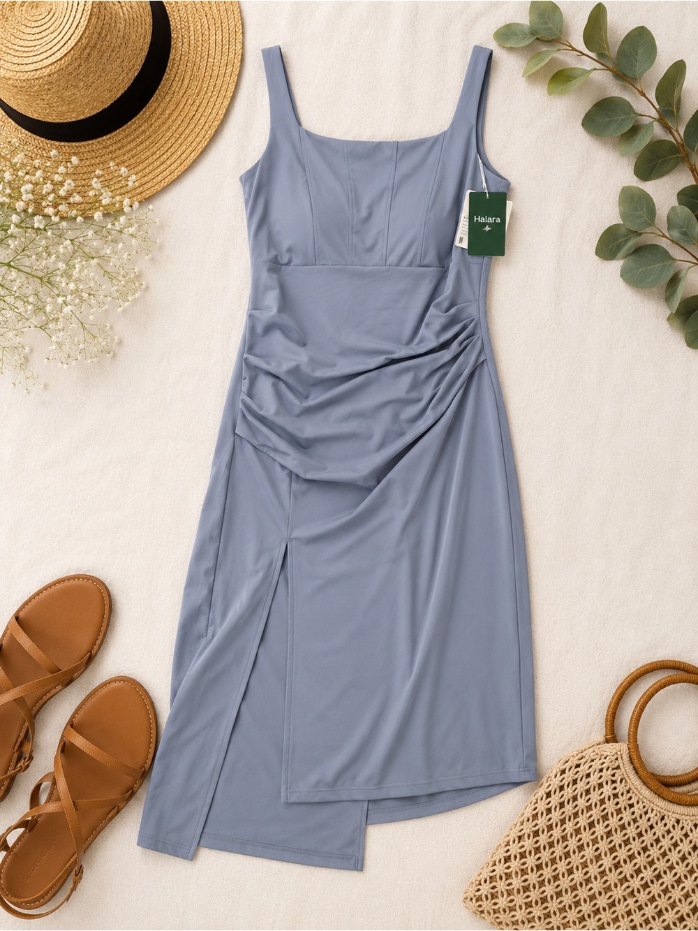 Sleeveless Ruched Midi Dress in Dusty Blue